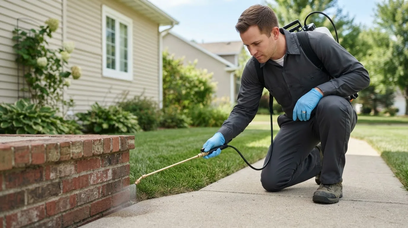Pest control technician treating a home near Schenectady, NY